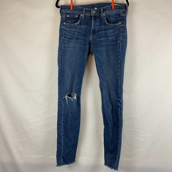 Rag & Bone Dre Jeans 27 Blue Chewed Hem Slim Leg Distressed - Picture 1 of 13